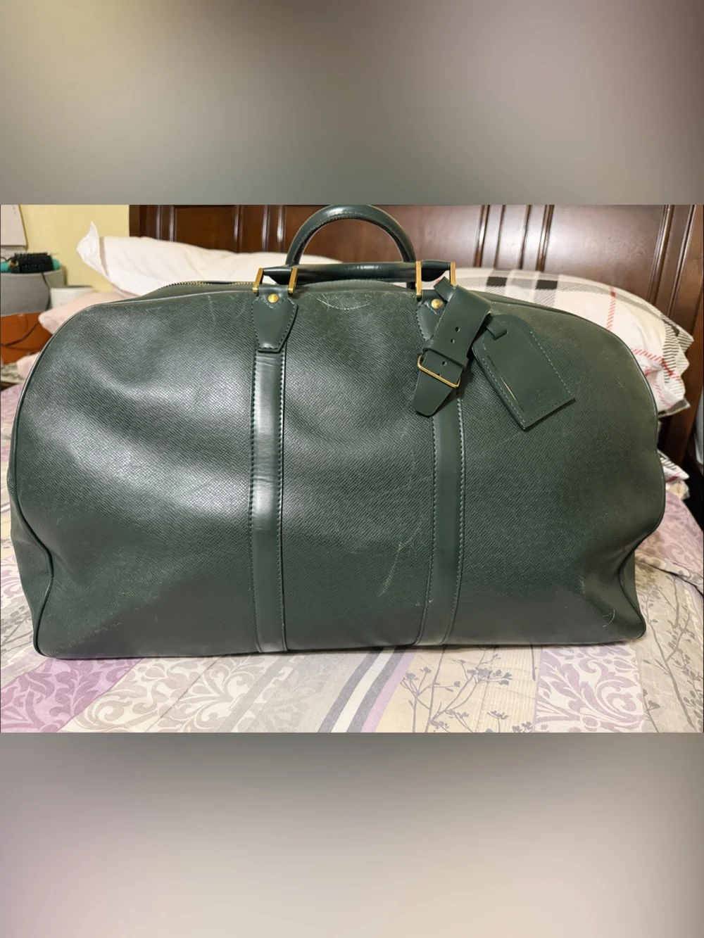 Louis Vuitton Green Leather Travel Duffel with Gold-Tone Hardware .